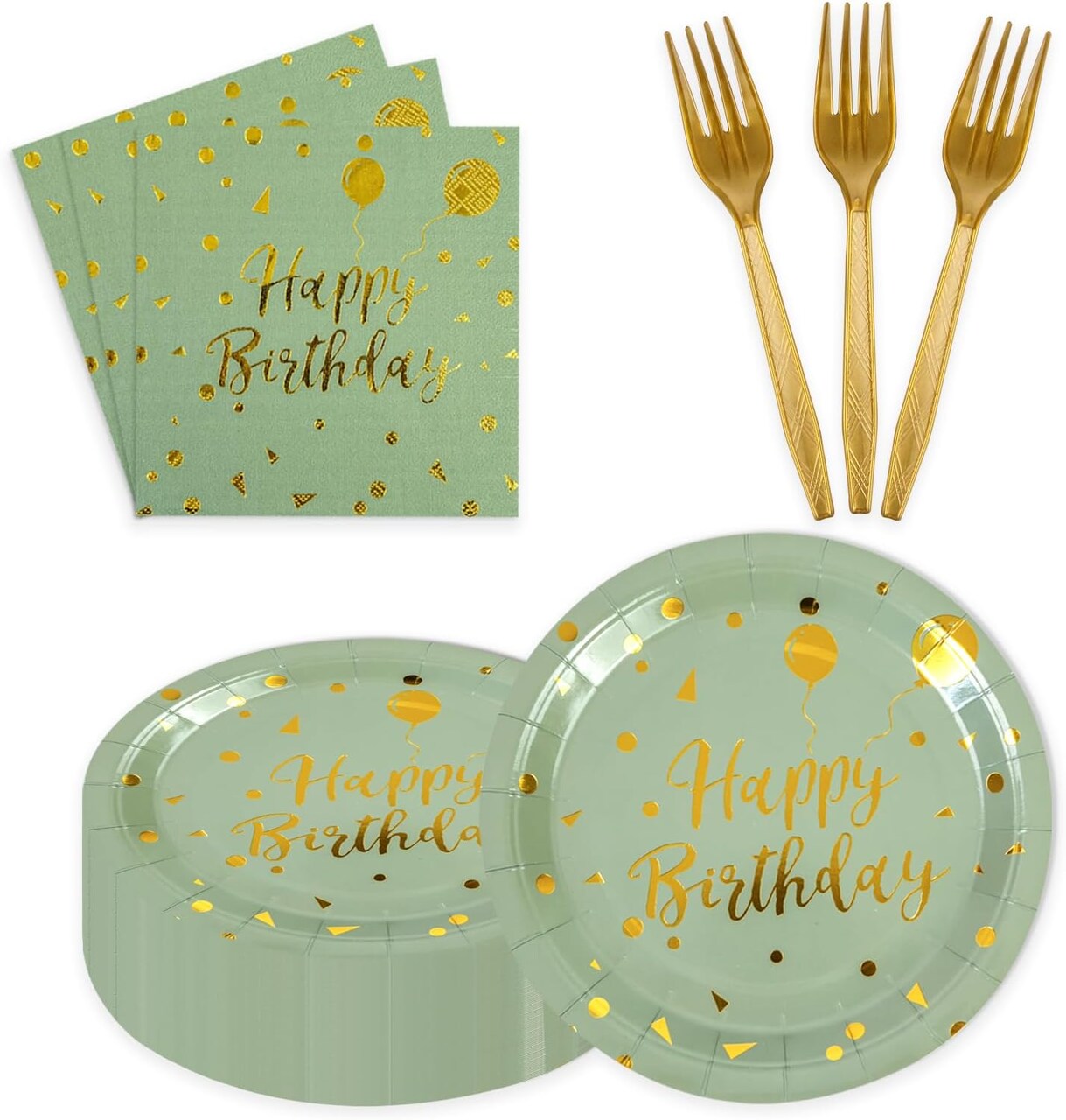 90PCS Happy Birthday Plates and Napkins Party Supplies, Disposable Sage Green Gold Dot Dessert Paper Plates Napkins with Forks Tableware Set Party Decorations for Girl Women Birthday Party